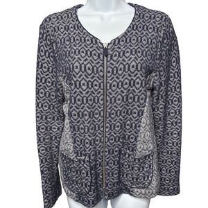 ROSIE NEIRA Navy Blue Geometric Zip Cardigan Sweater Sz L Coastal Casual Preppy